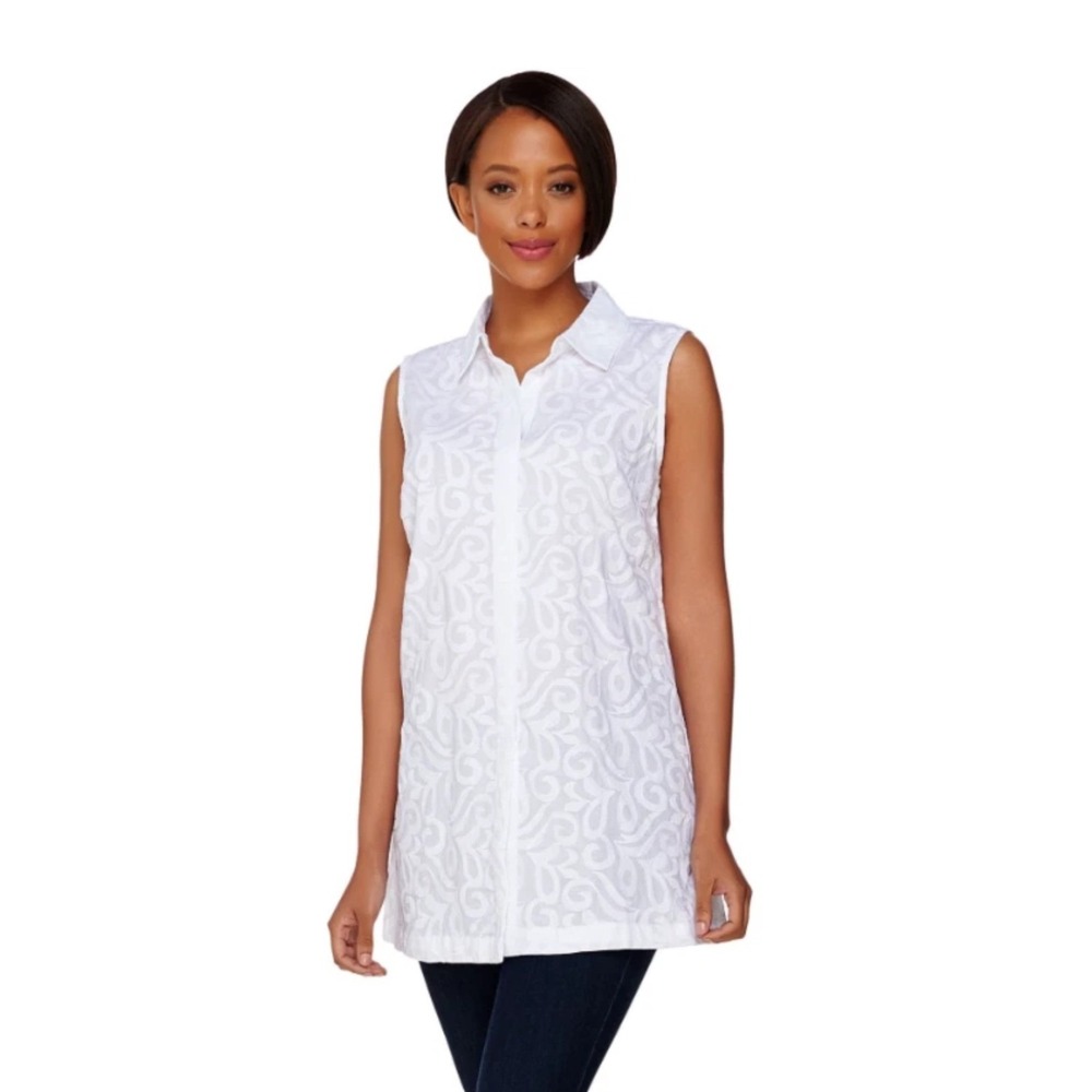 Lilly Pulitzer Tunic Top Large White Sleeveless Leaf‎ Design Resortwear Tropical